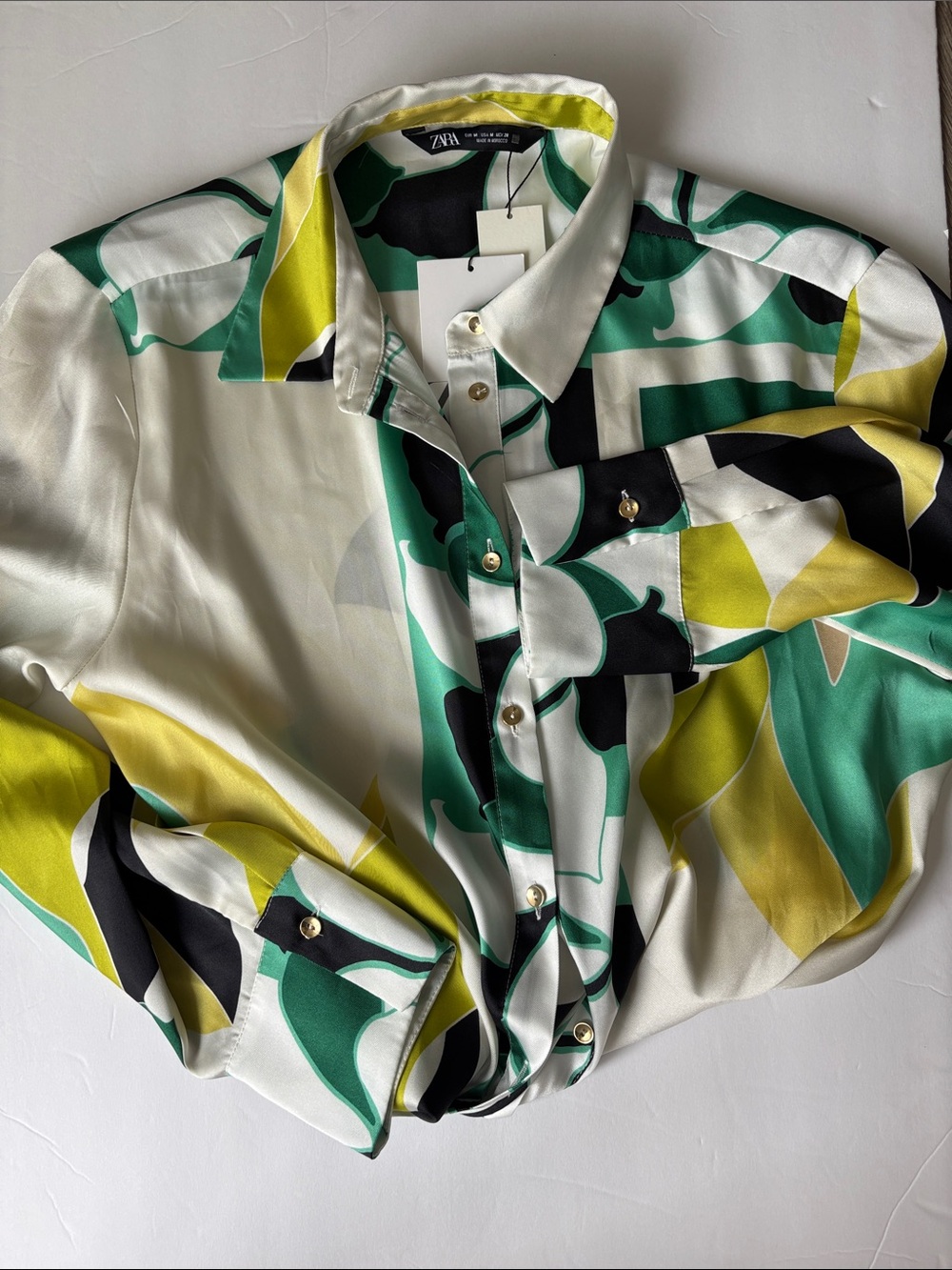 Zara Green, White, Black & Yellow Patterned Blouse